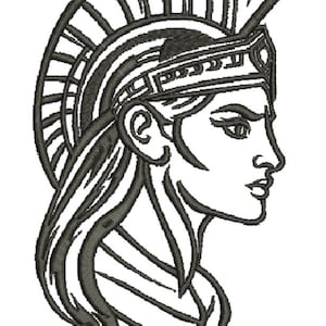 Könnte beinhalten: Schwarz-weiß-Linienkunst-Illustration einer Frau, die einen Helm mit einem dekorativen Design trägt. Die Haare der Frau sind lang und fließend, und sie schaut nach rechts.