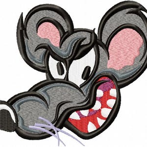 May include: Embroidered design of a cartoon rat's head. The rat is gray with black outlines, pink inner ears, and a red mouth filled with white teeth. The rat has a stern expression.