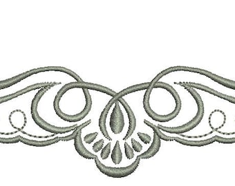 May include: A symmetrical, gray embroidered design with a floral and scroll motif. The design features curved lines, loops, and a central floral element, suitable for embellishing fabric or other crafts.
