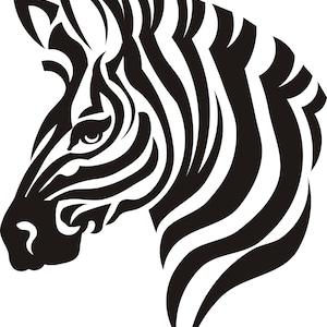 May include: A black and white graphic of a zebra's head in profile. The zebra's head is turned to the left, with bold black stripes against a white background. The design is a stylized, artistic representation of the animal.