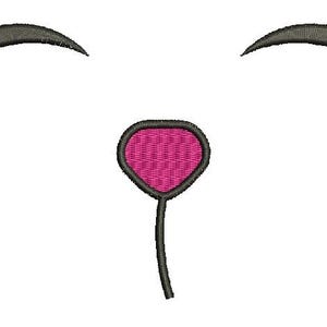 May include: An embroidered design of a bunny face, featuring dark gray eyelashes and a pink nose with a black outline. The nose is connected to a curved stem. The design is on a white background.