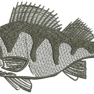 Puede incluir: Diseño bordado de un pez, con puntadas detalladas en tonos grises y negros. El pez tiene un cuerpo texturizado, aletas y cola, con patrones intrincados. Adecuado para manualidades y ropa con temática acuática.