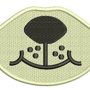 May include: Embroidered patch featuring a stylized dog face. The design includes a black nose, whiskers, and eyes on a light beige background, framed by a light beige border. The patch is likely for clothing or accessories.