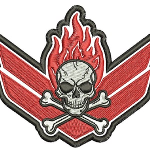 May include: An embroidered patch featuring a central white skull with black detailing, positioned above two crossed white bones. The skull is surrounded by vibrant red flames, all set against a red winged background with a thick black stitched border.