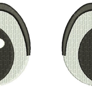 May include: Two embroidered cartoon eyes with a black iris, white highlights, and a light beige sclera. The eyes have a dark gray outline and small eyelashes. The design is on a white background.