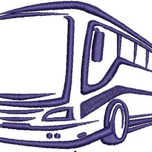 Puede incluir: Un dibujo simple de línea de un autobús azul. El autobús está orientado hacia la derecha y tiene un parabrisas grande, una puerta y ventanas en el lateral.