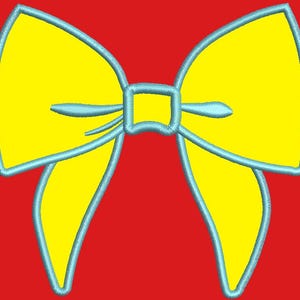 May include: A yellow bow with a light blue outline. The bow is tied in a knot with two loops on either side.
