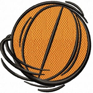 May include: Embroidered basketball design featuring an orange textured ball with black lines and a black outline. The design has a distressed, torn look, with black threads extending outward from the ball's edges. Ideal for sports-themed projects.