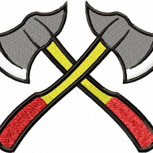 May include: Embroidered design of two crossed axes. The axes have gray blades with white edges, yellow handles, and red grips, all outlined in black. The design is likely for patches or apparel.