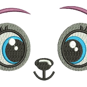 May include: Embroidered design of a cartoon animal face with large, round eyes. The eyes are gray with black outlines, blue irises, and white highlights. Above the eyes are curved, pink eyebrows. A small, black nose and mouth complete the design.
