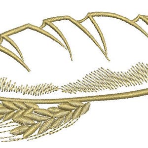 May include: A gold embroidered design of a loaf of bread with wheat stalks underneath.