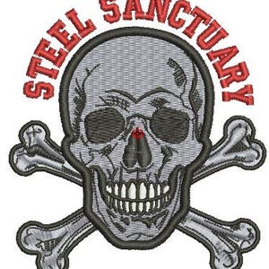 May include: Embroidered patch featuring a detailed skull with crossbones. The skull is gray with black accents and a red cross on the nose. The text "STEEL SANCTUARY" arches above the skull in red.