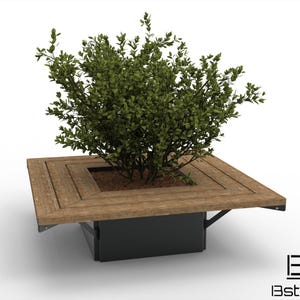 Puede incluir: Un banco cuadrado de madera con una jardinera integrada en el centro. La jardinera está llena de un arbusto verde y tierra marrón. El banco está hecho de madera marrón oscura y tiene un marco de metal negro.