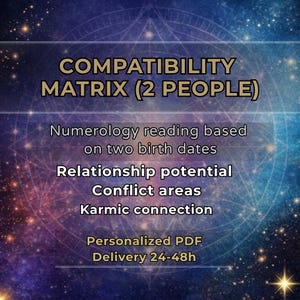 Puede incluir: Gráfico digital con fondo estrellado y texto "MATRIZ DE COMPATIBILIDAD (2 PERSONAS)". El texto también menciona lecturas de numerología, potencial de relación, áreas de conflicto y conexión kármica. El gráfico promete un PDF personalizado.