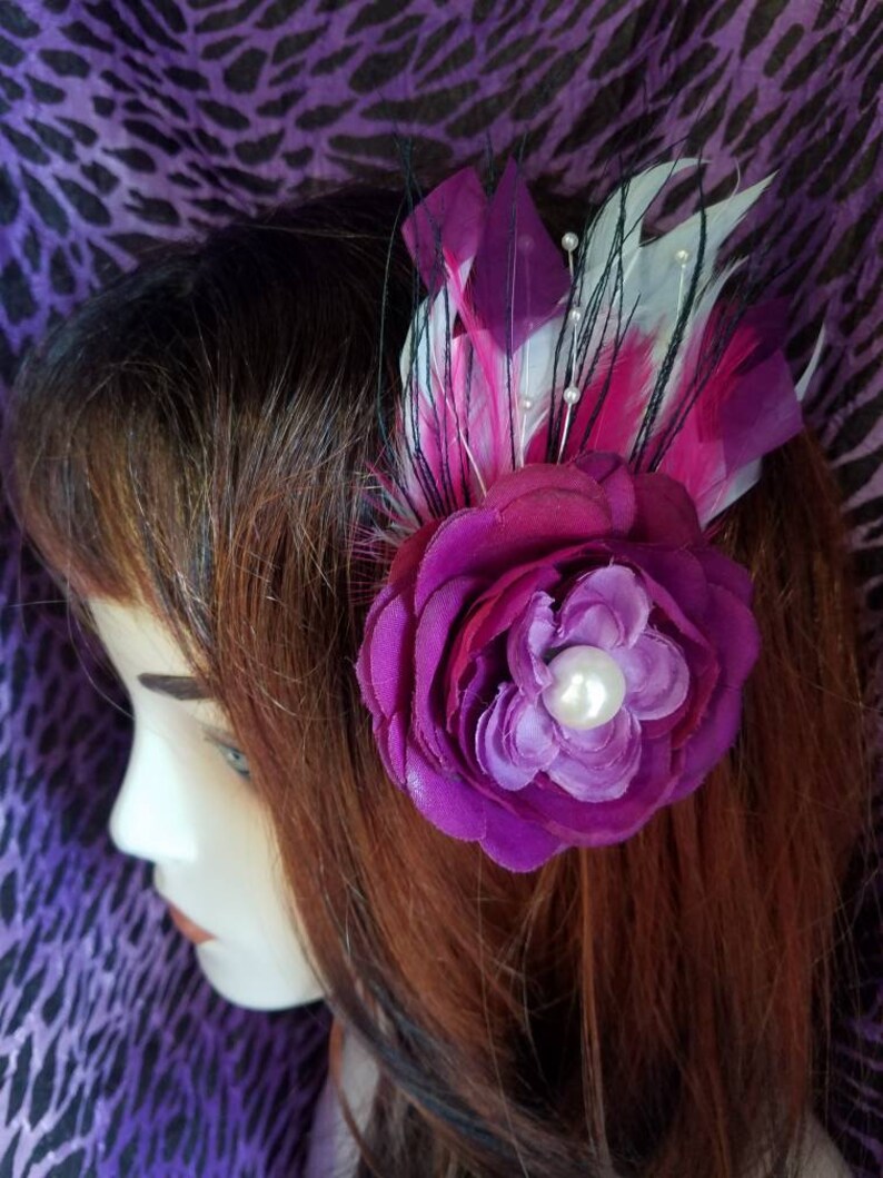 Purple And White Hair Flower Fascinator With Feathers And Etsy
