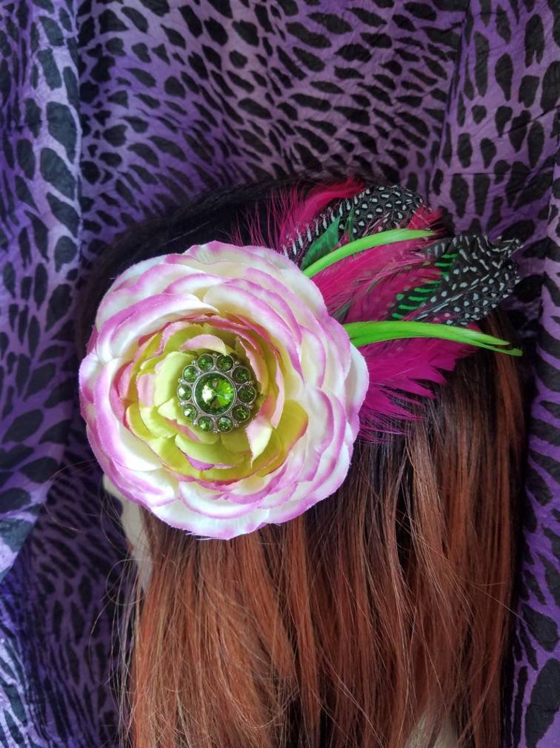 White Pink And Green Hair Flower With Bright Green Etsy