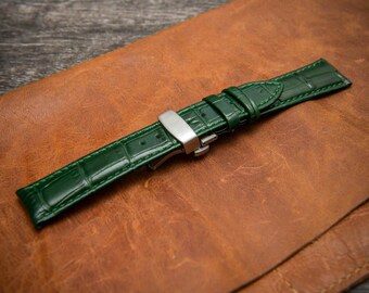 Genuine Leather Watch Strap – Crocodile Embossed | Premium Calfskin Band for Dress & Deployment Clasp