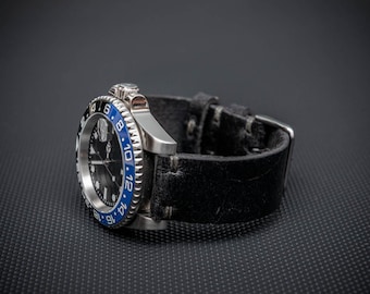 Black Leather Watch Strap– Custom Handmade Vintage Watch Band for All Watch Types