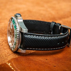 Sailcloth watch strap, water-resistant black watch band. Shipping worldwide.