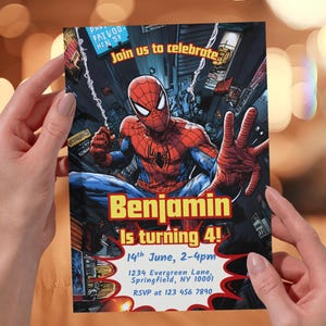 スパイダーマンパーティー招待状編集可能テンプレートスパイダーマン誕生日招待状デジタルダウンロードスパイダーマン誕生日カード