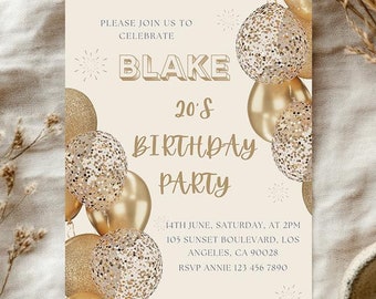 Gold Balloon Birthday Party Invitation: Elegant Glitter Theme (Canva Template)