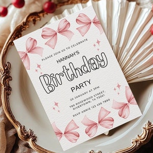 Invitation fête d'anniversaire noeud rose Modèle d'invitation d'anniversaire noeud rose imprimable Cartes d'anniversaire noeud rose en téléchargement numérique