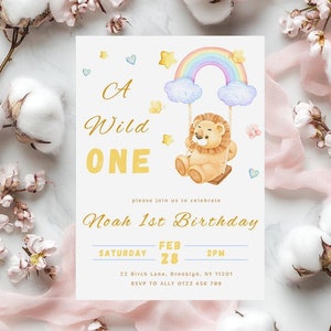 Invitation d'anniversaire Wild One, invitation à une fête d'anniversaire Wild One, carte d'anniversaire imprimable Lion Wild One, invitation à une fête pastel d'anniversaire de lion