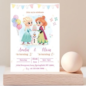 Cartes d'anniversaire communes modifiables Invitations de fête d'anniversaire La Reine des neiges Invitation de fête d'Elsa Anna Invitation d'anniversaire d'Elsa et Anna