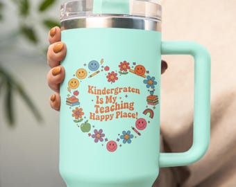 Kindergarten Is My Teaching Happy Place! travel mug, Teacher Appreciation, Retro Teacher Cup, Year End Present, Teacher Gift Idea
