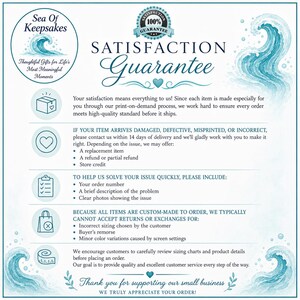 May include: A teal and white graphic with the text "Sea of Keepsakes" and "Satisfaction Guarantee." The image includes a wave design and details about returns, exchanges, and customer service.