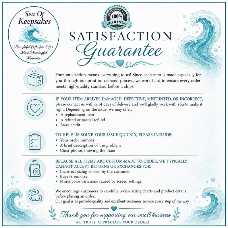 May include: A teal and white graphic with the text "Sea of Keepsakes" and "Satisfaction Guarantee." The image includes a wave design and details about returns, exchanges, and customer service.