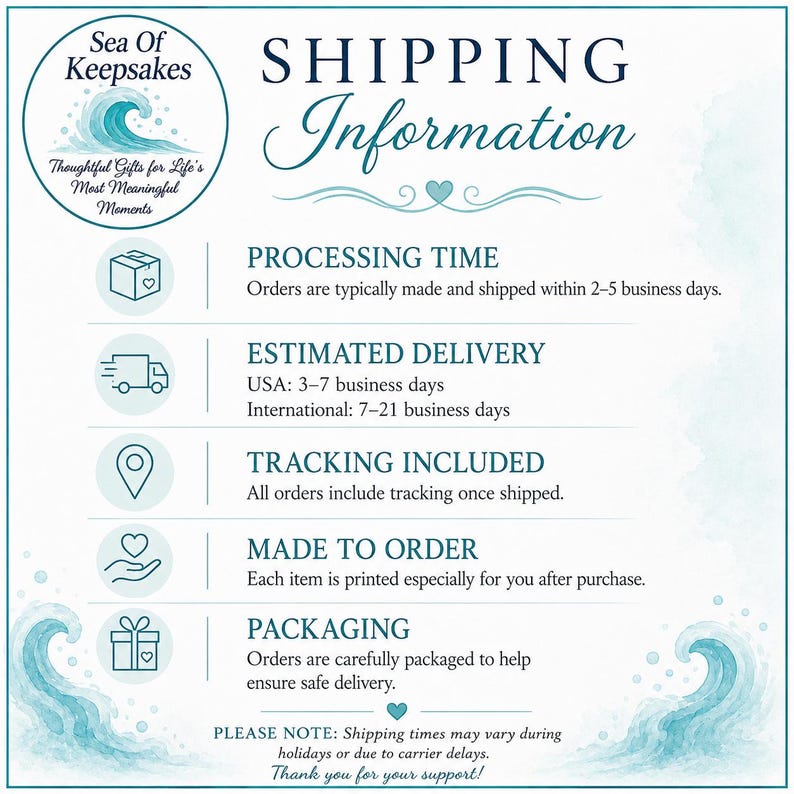 May include: A graphic with the text "SHIPPING Information" and details about processing time, estimated delivery, tracking, made to order, and packaging. The logo for "Sea of Keepsakes" is in the upper left corner.
