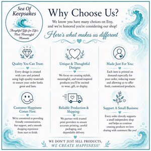 May include: A teal and white graphic with text that reads "Sea of Keepsakes" and "Why Choose Us?" The graphic highlights quality, unique designs, and customer happiness. It also mentions reliable shipping and supporting a small business.