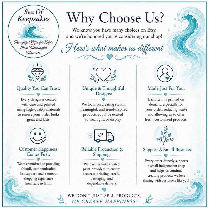 May include: A teal and white graphic with text that reads "Sea of Keepsakes" and "Why Choose Us?" The graphic highlights quality, unique designs, and customer happiness. It also mentions reliable shipping and supporting a small business.