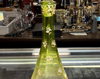 Antique Bohemian Green Glass Decanter | Moser Style Enamel, Gold Gilt | c1900