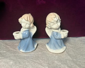 Set of Angel Candle Holders Star Robe Blue and White Antique