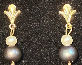 Vintage 14K Gold Dark Pearl Drop Earrings, Art Nouveau Style Dangle