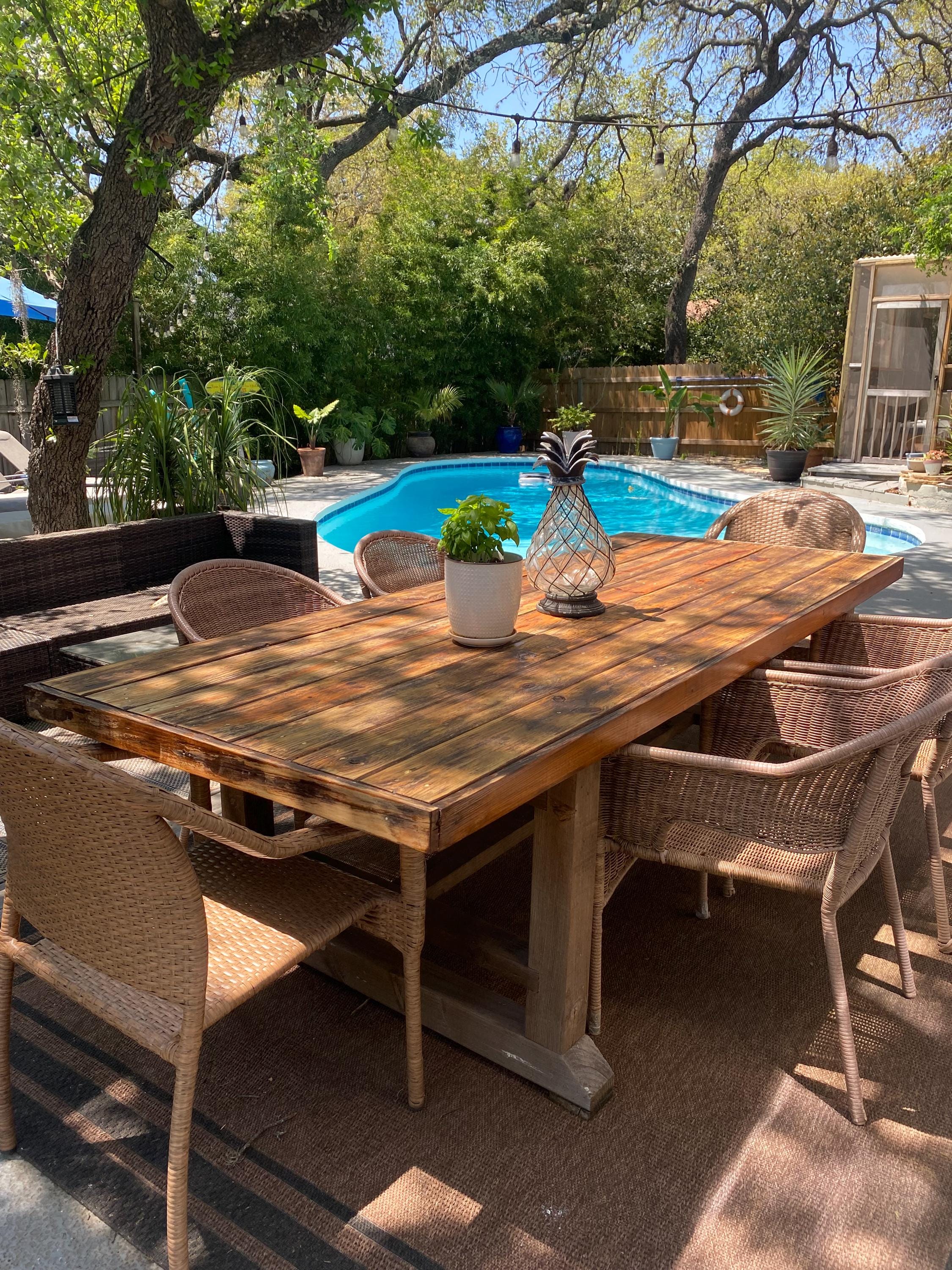 Farm table, rustic hand crafted all wood outdoor dining table. Custom built to your specifications.