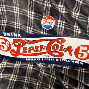 Dual vintage adverting set: Drink Pepsi 5 cent Vintage Metal Sign w/ Ande Rooney certificate Porcelain/Enamel Retro Americana Wall art