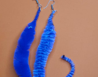 Fuzzy Worm Alien Earrings With Eyes Festival Original Kooky Unique Pierced Alternative Quirky Fun Jewellery Fluffy Blue Retro 3D Fancy Dress