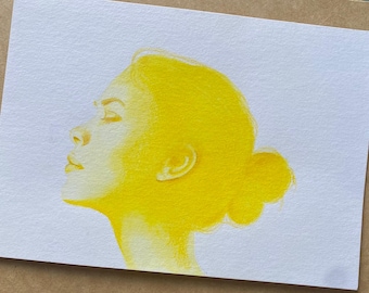 Original Artwork - watercolour pencil monocramatic yellow profile portrait - watercolour paper. OOAK Art piece hand painted