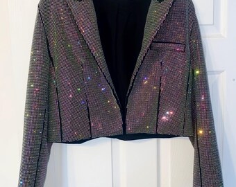 Akira cropped jacket size M (uk 8-12) gem AB Diamonte Crystal Rhinestone black silver rainbow rocky horror alt kooky showgirl burlesque fun