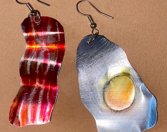 Egg & Bacon Earrings made from coke can Cute original kooky unique Pierced Alternative Quirky Fun Recycled Metallic Foodie OOAK