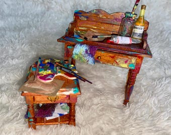 Miniature artist desk & stool messy art table brush paint artist gift mini cute kooky unique birthday unusual oddity curiosity doll house