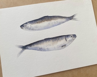 Original Artwork - Watercolour sardine fish painting. Hand painted. OOAK Art piece. A4