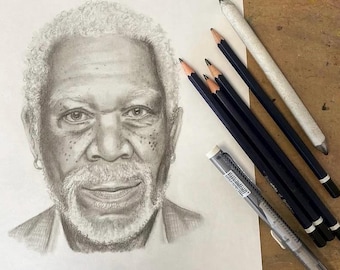 Original Artwork - Shading pencil portrait - Morgan Freeman - hand drawn art piece. OOAK. A4