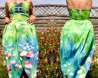 Completely hand painted Claude Monet water lilies painting dress size uk 8-10 tulip skirt zip back unique ooak beautiful stunning artwork