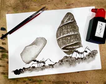 Original Artwork - Ants carrying leaves - Chinese ink - watercolour paper - using watercolour techniques. OOAK Art piece hand painted. A4