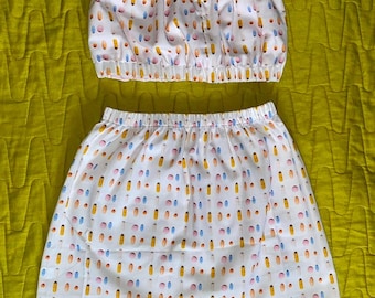 Reversible crop boob tube mini skirt handmade XS uk 4 6 pill ooak co ord tube elasticated festival cute set Princess pop Zara Larson cute
