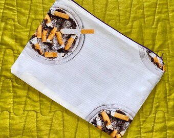 Handmade cigarette ashtray ooak unique kooky handbag clutch make up cosmetic bag. Blue stripe lining. Funny smoker unique ooak.